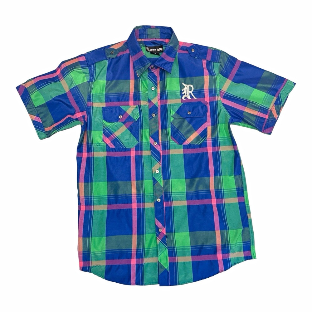 Red Ape Men's XL Plaid Short Sleeve Button-Up Shirt Blue/Green Y2K Hip Hop